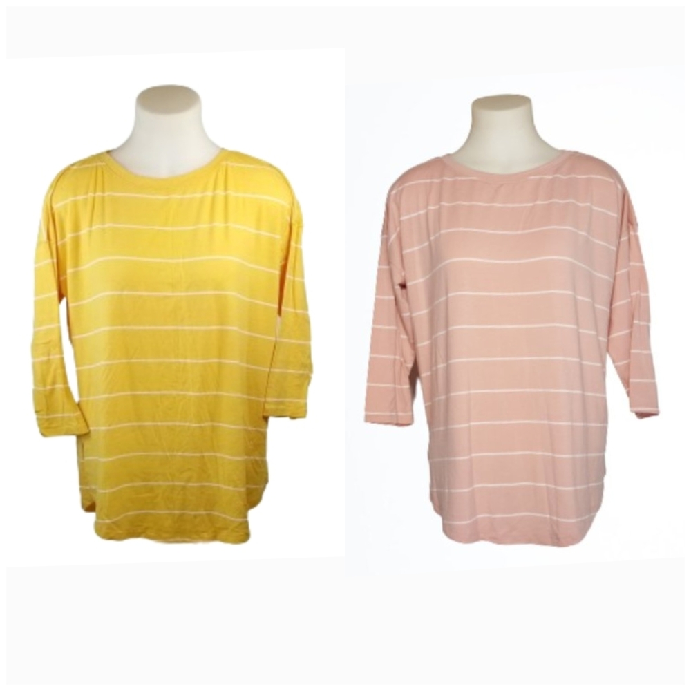 Just Be Striped Yellow & Pink 3/4 Sleeve Top Sz Lg